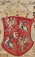 Coat of arms of the Polish–Lithuanian Commonwealth with Vytis (Waykimas), decorated with the Columns of Gediminas, used during the reign of Grand Duke Stephen Báthory