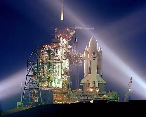 Image 8 STS-1 Photo credit: NASA A timed exposure of the first Space Shuttle mission, STS-1. The shuttle Columbia stands on launch pad A at Kennedy Space Center, the night before launch. The objectives of the maiden flight were to check out the overall Shuttle system, accomplish a safe ascent into orbit and to return to Earth for a safe landing. More selected pictures