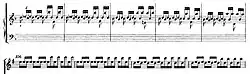 This image depicts the soloist passage at m. 106 from the Allegro assai movements in BWV 1057 (above) and BWV 1049 (below). The BWV 1057 part is set for harpsichord, while BWV 1049 is for violin. The violin part uses rapid bariolage and leaps, while the harpsichord part uses equally fast hand-crossing figurations and leaps.
