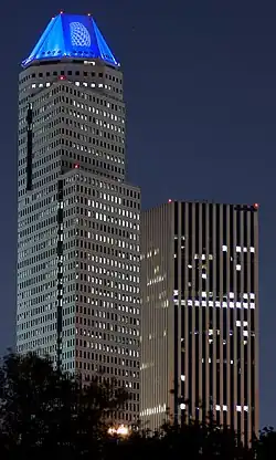 The KBR Tower at night, with the Continental Center I