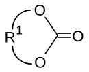 Structural formula of an cyclic carbonate. This kind of monomer is used as expanding monomer.