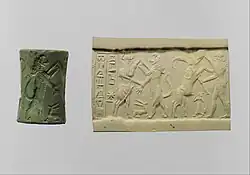 Cylinder seal and modern impression – bull-man combatting lion; nude hero combatting water buffalo; 2250–2150 BC; albite; height: 3.4&nbsp;cm, diameter: 2.3&nbsp;cm; Metropolitan Museum of Art (New York City)