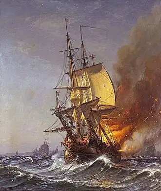 The Danish ship Dannebroge caught on fire in the battle of Køge Bay (1921)