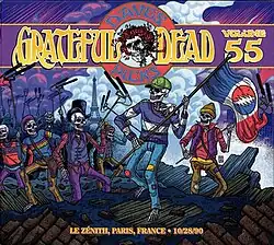A skeleton with a flag leads a group of skeletons with microphones for concert taping, in a scene reminiscent of the painting Liberty Leading the People