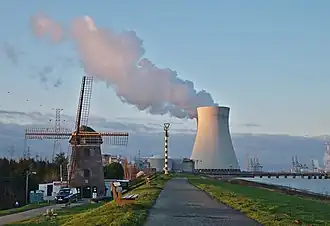 Doel: Nuclear power plant and 17th century windmill on the Scheldedijk