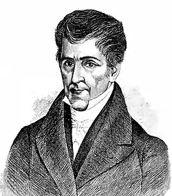 A black-and-white drawing of José Cecilio del Valle wearing early 19th century formal attire