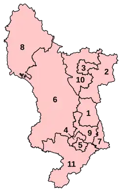 Numbered map of parliamentary constituencies in Derbyshire 2010-2024