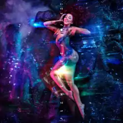 Doja Cat covered in blue paint and glitter, touching the side of her face with her right hand. The background is predominantly blue and purple, evocative of a galaxy. On the center, the text "PLANET HER DOJA CAT" is printed in white text, rotated ``90 degrees counterclockwise. The text in question is read from bottom to top.