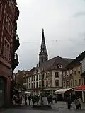 The bell tower dominates the skyline of Mulhouse