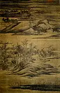 Wintry Groves and Layered Banks, ca. 950. Hanging Scroll, ink and color on silk, Kurokawa Institute, Japan.