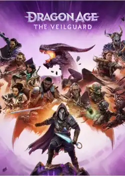 The logo with text stating "Dragon Age" is in a metallic purple silver color with a smaller subtitle text "The Veilguard" under it with coloration. The text is on a black background.