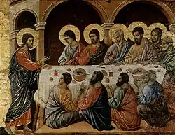 The risen Christ appearing to the Eleven (Luke 24,36-49) from Duccio's Maestà. Christ has a plain halo; the Apostles only have them where they will not seriously interfere with the composition.