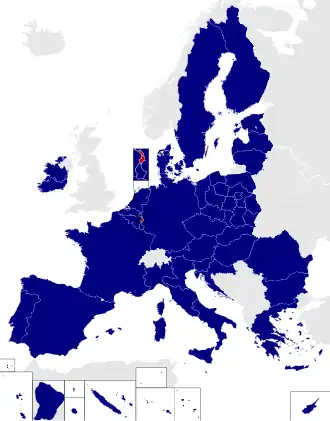 Map of the European Parliament constituencies with German-speaking electoral college highlighted in red