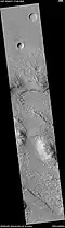 Wide view of layered terrain, as seen by HiRISE under HiWish program. Note: parts of this image are enlarged in the next three images.