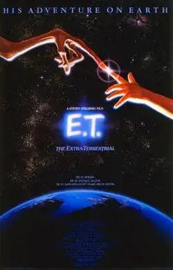 The poster shows the planet earth, a child's finger touching E.T's finger, with a light blinking on contact. The top headline reads "His Adventure On Earth".