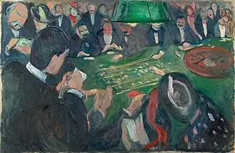 At the Roulette Table in Monte Carlo, 1892, .mw-parser-output .frac{white-space:nowrap}.mw-parser-output .frac .num,.mw-parser-output .frac .den{font-size:80%;line-height:0;vertical-align:super}.mw-parser-output .frac .den{vertical-align:sub}.mw-parser-output .sr-only{border:0;clip:rect(0,0,0,0);clip-path:polygon(0px 0px,0px 0px,0px 0px);height:1px;margin:-1px;overflow:hidden;padding:0;position:absolute;width:1px}74.5&nbsp;cm ×&nbsp;116&nbsp;cm (29+1⁄4&nbsp;in ×&nbsp;45+3⁄4&nbsp;in), Munch Museum, Oslo