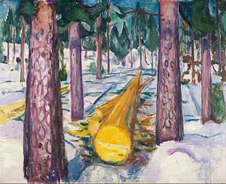 The Yellow Log, 1912, .mw-parser-output .frac{white-space:nowrap}.mw-parser-output .frac .num,.mw-parser-output .frac .den{font-size:80%;line-height:0;vertical-align:super}.mw-parser-output .frac .den{vertical-align:sub}.mw-parser-output .sr-only{border:0;clip:rect(0,0,0,0);clip-path:polygon(0px 0px,0px 0px,0px 0px);height:1px;margin:-1px;overflow:hidden;padding:0;position:absolute;width:1px}129.5&nbsp;cm ×&nbsp;159.5&nbsp;cm (51&nbsp;in ×&nbsp;62+3⁄4&nbsp;in), Munch Museum, Oslo