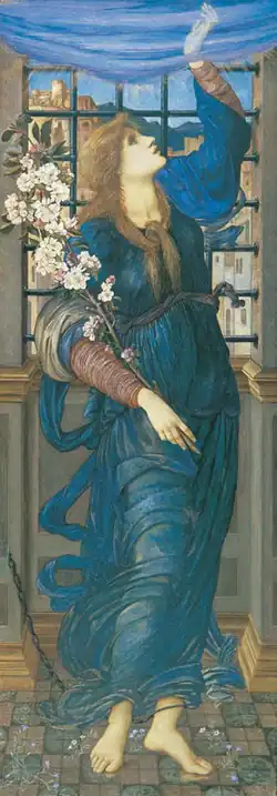 Woman in a prison cell carrying a flowering rod