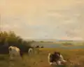 Aftenlandskab med køer på marken, oil on canvas