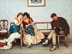 Two people whisper a secret a short distance away from someone who is kept from knowing.