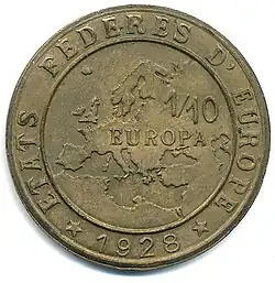 Coin with a map of Europe and surrounding areas with "Europa" written over the map and "États fédérés D' Europe 1928" around the map