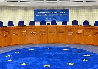 The European emblem emblazoned on the carpet in the European Court of Human Rights