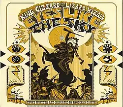 A poster which is mainly yellow and white. At the center, a frame containing an illustration of an indigenous person riding a horse surrounded by silhouettes holding knives. Various symbols such as eyes and lightning bolts line the edges of the cover. The band's name and album title are the top as well as small text at the bottom reading "STORY WRITTEN AND NARRATED BY BRODERICK SMITH".