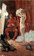 In the wings (1878–1880) watercolor, colored pencil, and pastel (26 x 16.5&nbsp;cm) Musée Félicien Rops, Namur, Belgium
