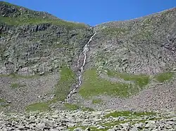 Water streaming down rocky hill with bare landscape save for patches of grass