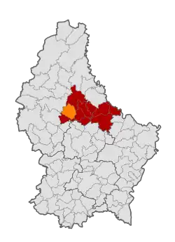 Map of Luxembourg with Feulen highlighted in orange, and the canton in dark red