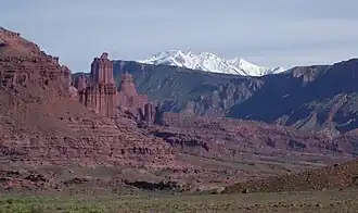 View from the north with the La Sal Range in the distance