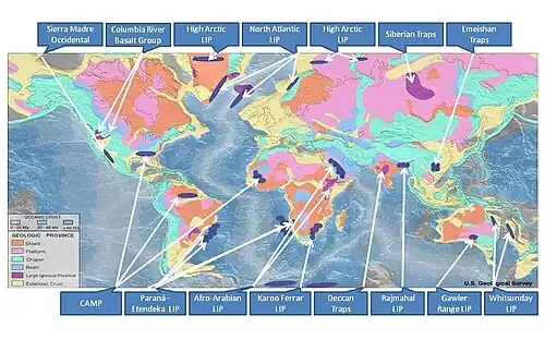 Image 8Only a few of the largest large igneous provinces appear (coloured dark purple) on this geological map, which depicts crustal geologic provinces as seen in seismic refraction data