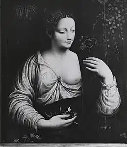 After Francesco Melzi, "La Colombina (Flora)," after mid-16th century. Oil on cradled panel, 29 1/2 × 25 in (74.93 × 63.5&nbsp;cm). Virginia Museum of Fine Arts (53.29.4).[20]