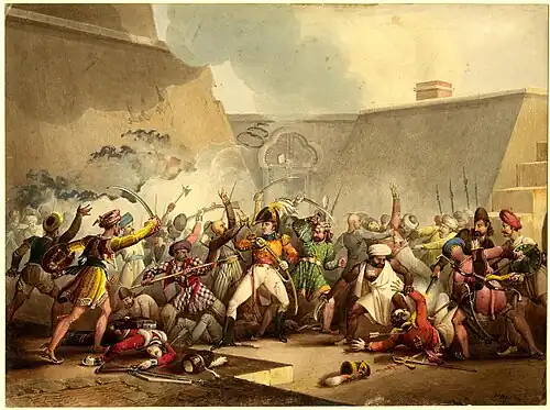 Lt Col Murray withstands his adversaries. Artist: William Heath British Museum