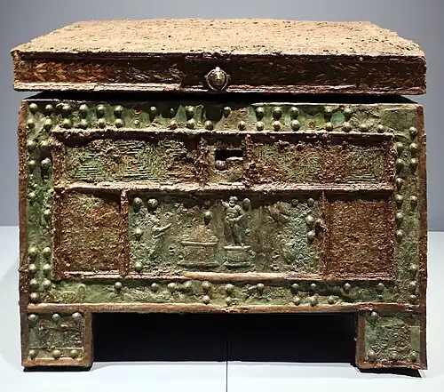 Treasure chest with a sacrifice of Jupiter depicted on it; 1st century AD; wood, iron and bronze, with ageminature; from Pompeii; Naples National Archaeological Museum (Naples, Italy)