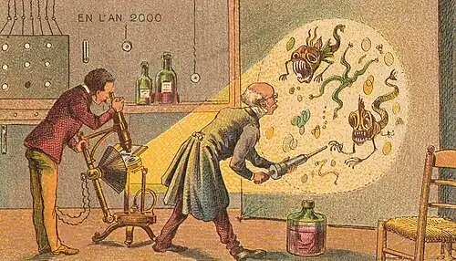 Illustration en couleurs représentant deux savants devant l'image projetée de microbes menaçants.