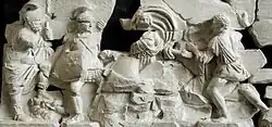 Tarpeia's punishment, Pentelic marble fragment from the Frieze of the Basilica Aemilia (100 BC – 100 AD)