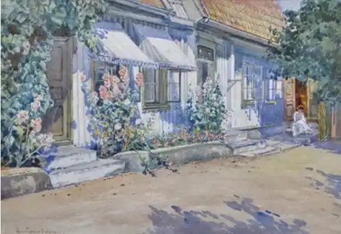 Street with Embroidering Woman and Hollyhocks