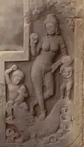 Photograph (1875) of goddess Ganga (Gupta period, 5th or 6th century CE) from Besnagar, Madhya Pradesh, now in Museum of Fine Arts, Boston.