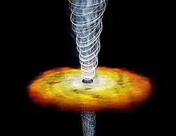 Color illustration. A yellow-orange disc in the center is pierced vertically by a spiral of filaments.