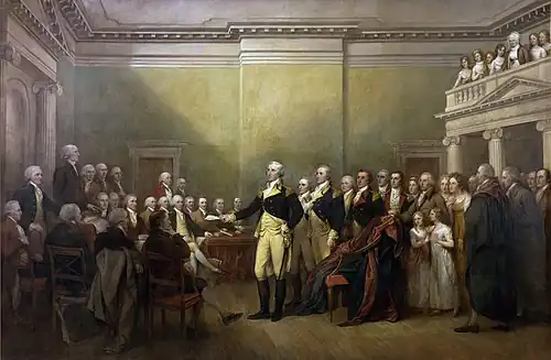 General George Washington Resigning His Commission, a portrait by John Trumbull depicting Gerry standing on the left[113]