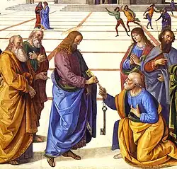 Christ giving the golden key of the kingdom heaven to Saint Peter (1481–82), by Pietro Perugino. The golden key is the symbol of the Pope.