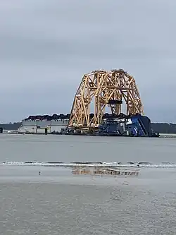 Positioned to cut the stern, with lifting frames installed (Dec&nbsp;2020)