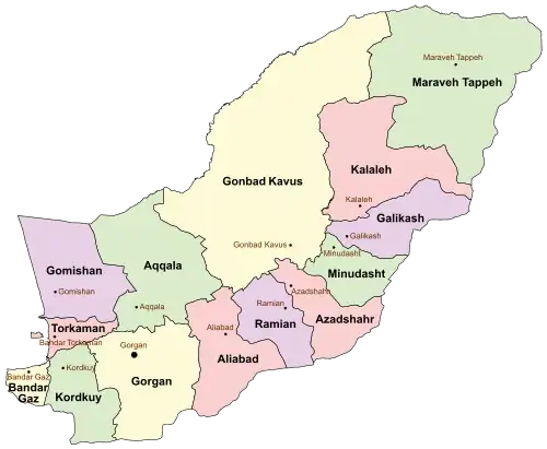 Location of Gonbad-e Kavus County in Golestan province (top, yellow)