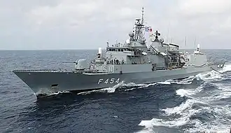 A view from USS&nbsp;Seattle, showing HS Psara underway conducting a replenishment at sea in 2002