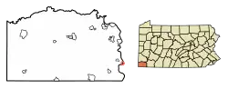 Location of Greensboro in Greene County, Pennsylvania.