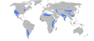 World map with several land areas highlighted, especially in China, India, east Africa, southwest U.S., and Argentina.