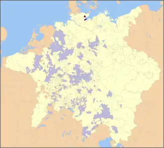 Prince-Bishopric of Lübeck (Dark blue) with in the Holy Roman Empire (as of 1648), the episcopal residence in Eutin shown by a red spot (other prince-bishoprics in light blue)