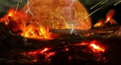 Image 82Artist's impression of a Hadean landscape with the relatively newly formed Moon still looming closely over Earth and both bodies sustaining strong volcanism. (from History of Earth)