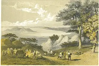 Lithograph entitled "View of Hakodate from Snow Peak" looking towards the sea—artist, Wilhelm Heine (1856)